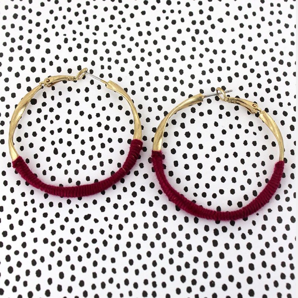 Gold tone, burgundy thread wrapped hoop earrings